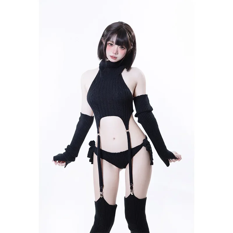 Anime High Collar Black Sweater Japanese Girl Uniform Cosplay Costume Women Underwear Cute Outfit Role Play Nightgown Lingerie