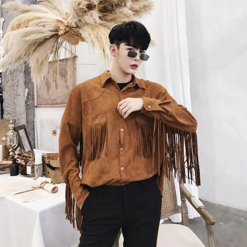 Spring Autumn Men Fringe Shirt Collar Jacket Long Sleeve Faux Suede Tassel Coat Moto Biker Tops Solid Fashion Partywear