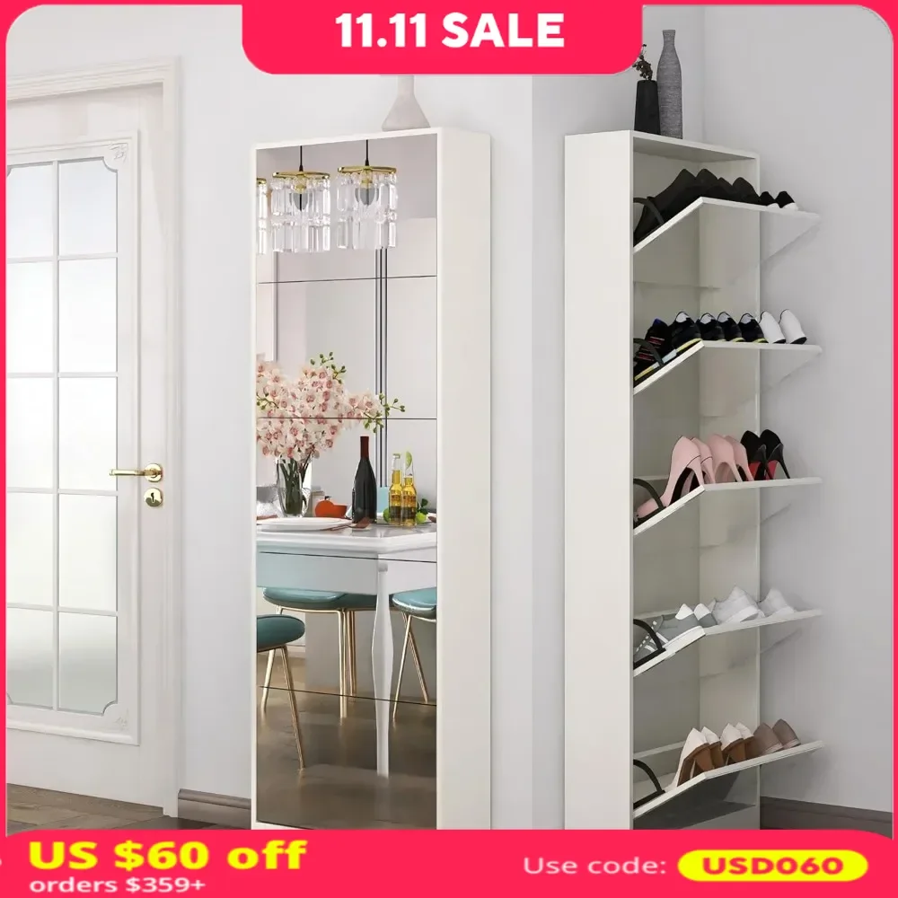 Shoe Cabinet with Mirror Drawers, Freestanding Shoe Rack Organizer with 5 Flip Drawers，Full Length Mirror Shoe Storage Cabinet