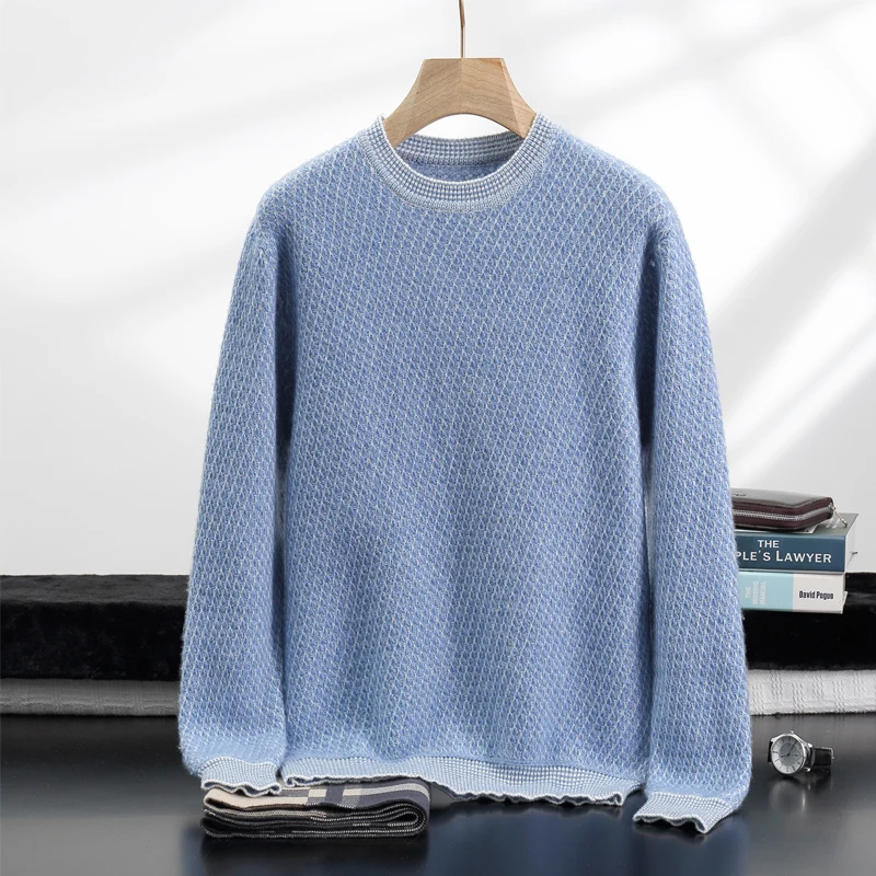 

Autumn/Winter Thick Honeycomb Needle Round Neck 100% Pure Cashmere Sweater Knitted Long Sleeved tops Men's Warm Inner Clothing