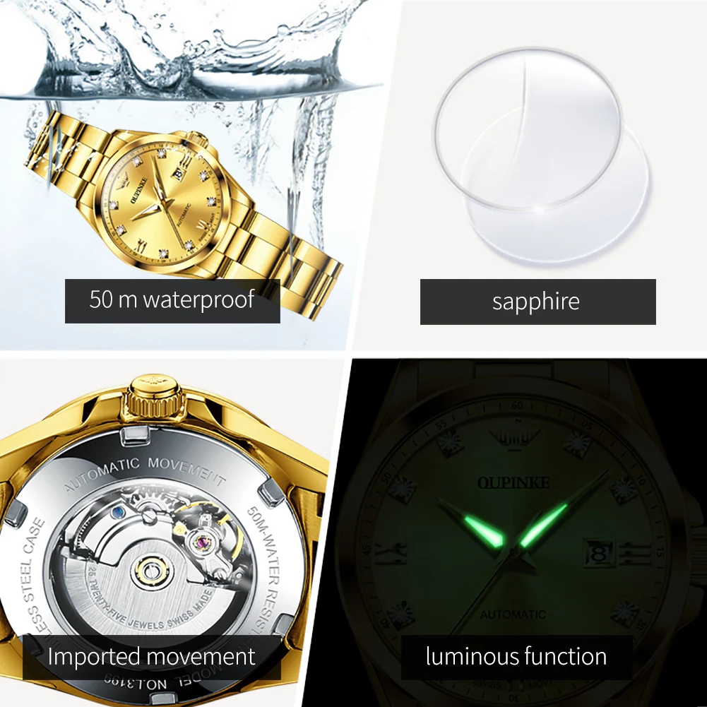 OUPINKE High Quality Women\'s Watches Luxury Brand Swiss Movement Precision Steel Strap Automatic Mechanical Female Wristwatch