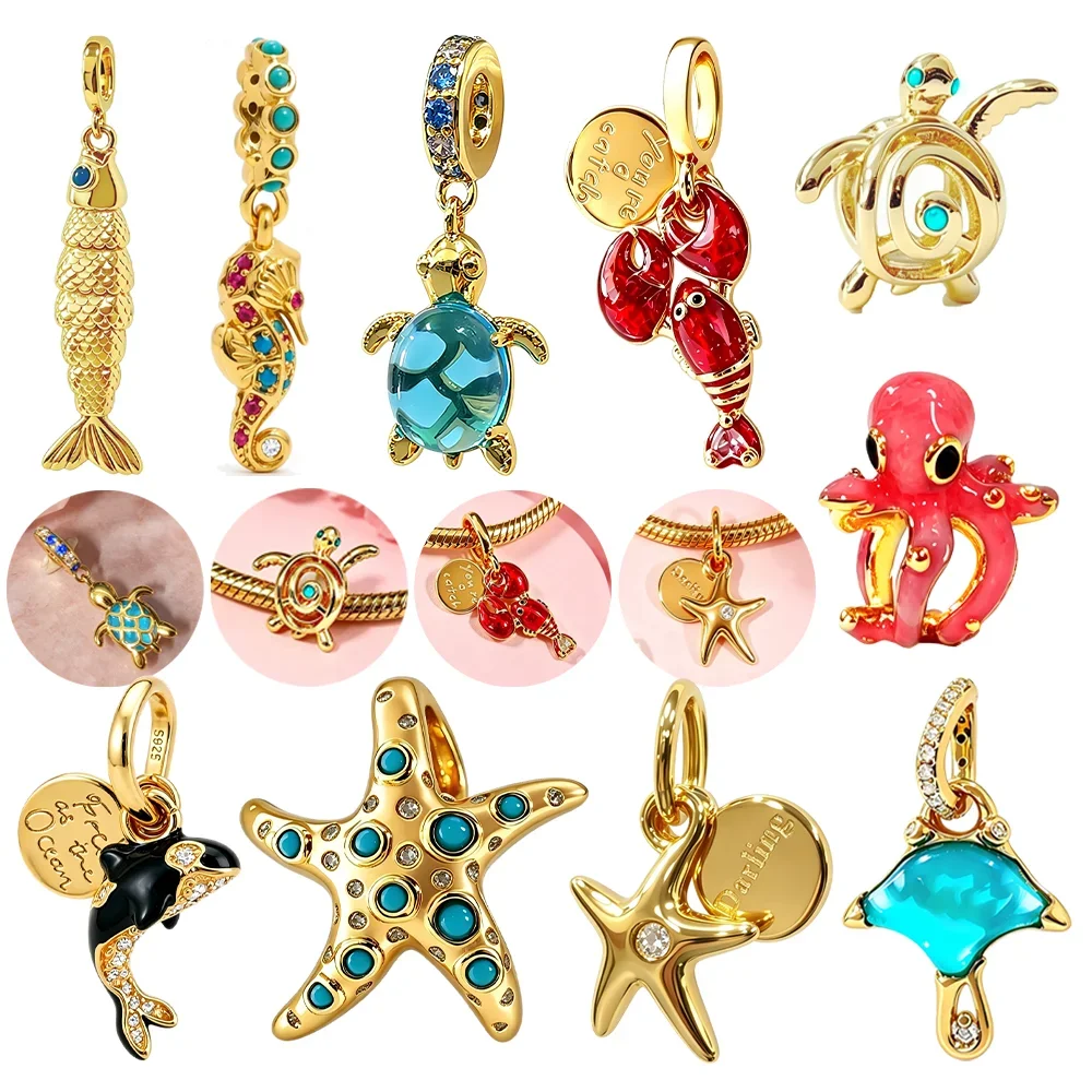 Meereslebewesen-Perlen aus 925er Silber: Goldfisch, Seestern, Seepferdchen, Schildkröte – Anhänger für Armbänder, Halsketten, Taschen und Schlüsselanhänger zur Schmuckherstellung