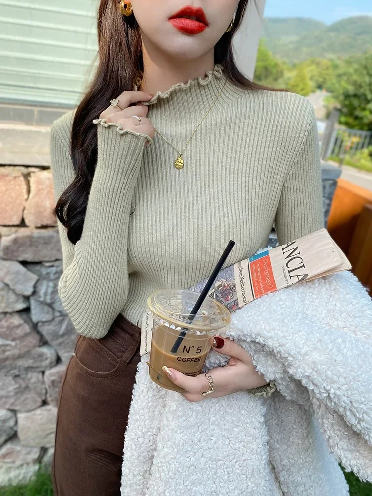 2024 Korea Long Sleeve Ruffles Turtleneck Slim Jumper Soft Warm Pull Femme Autumn Winter Sweater Women Knitted Ribbed Pullover