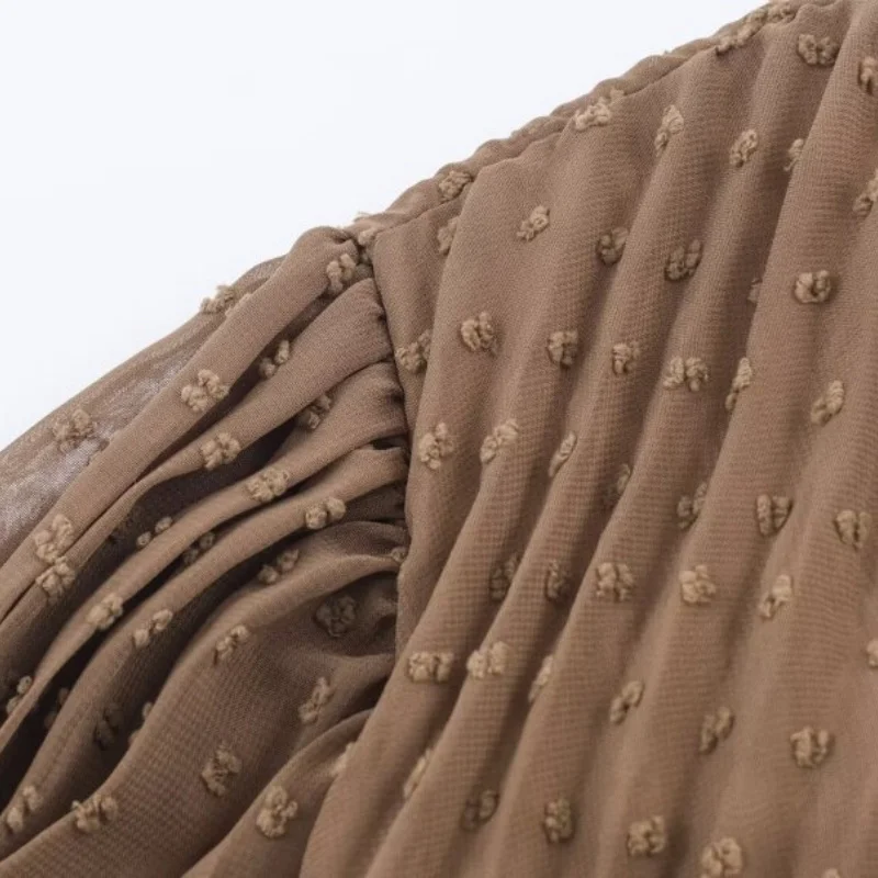 Damska wiosenna sukienka plisowana z marszczeniem w talii, wycięciem, okrągłym dekoltem, elegancka sukienka midi w kwiatowy wzór.