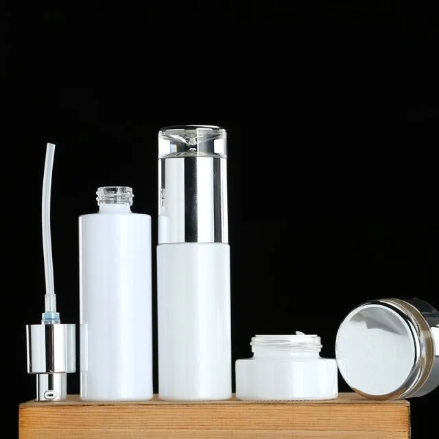 

10 шт., 20/30/50 г, банка для крема, 20-120 мл, флакон с распылителем для лосьона, флакон для духов/тонера, пустые жемчужно-белые стеклянные контейнеры для косметики