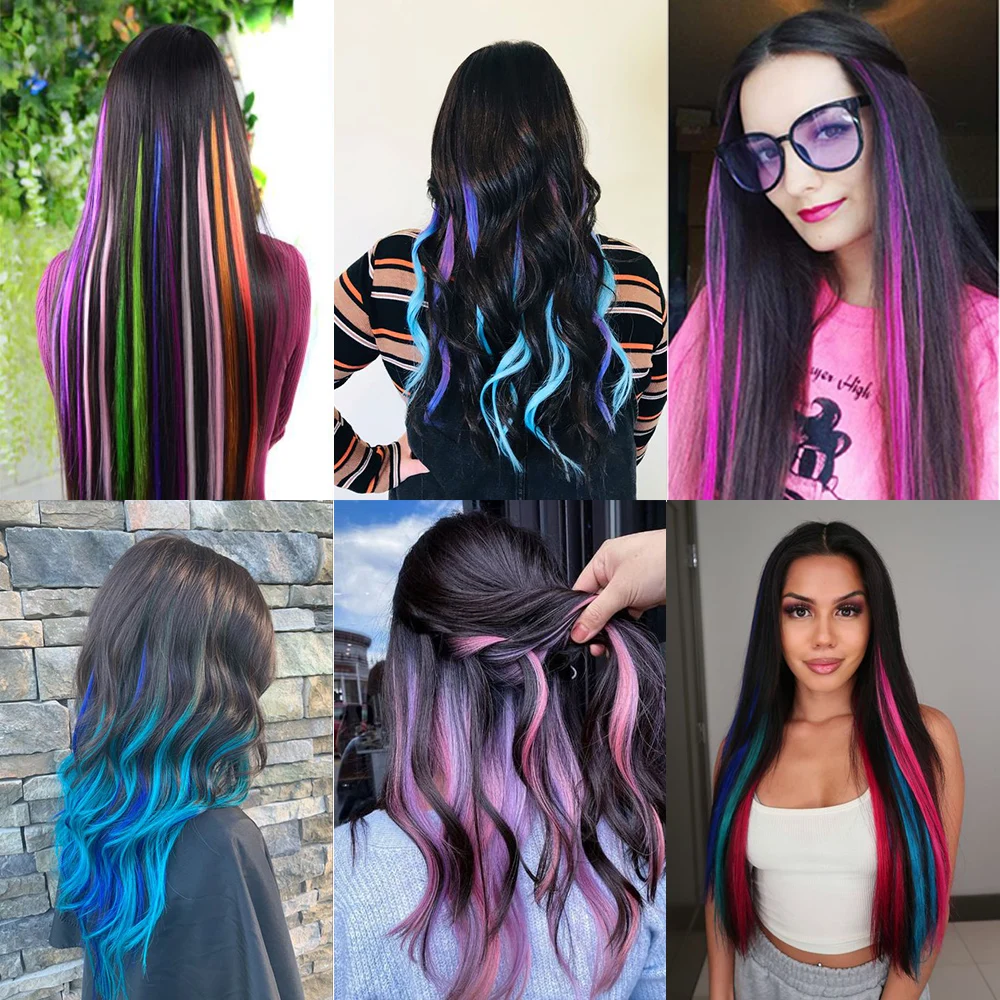 Extensions de Cheveux Synthétiques avec 1 réinitialisation, Cheveux Arc-en-Ciel, Style Ondulé, 22 Pouces, pour Femme