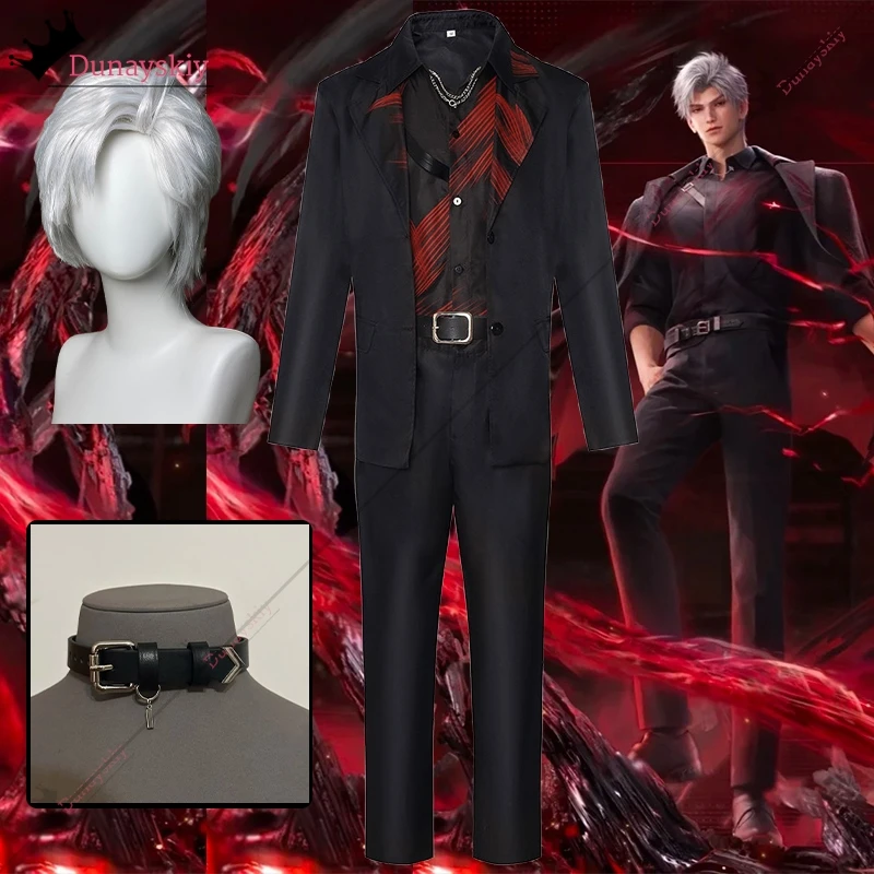 Sylus Costume Cosplay Gioco Love and Deepspace Abiti da gioco di ruolo Nero Rosso Abiti da uomo Uniforme con parrucche bianche Collare con cintura Set