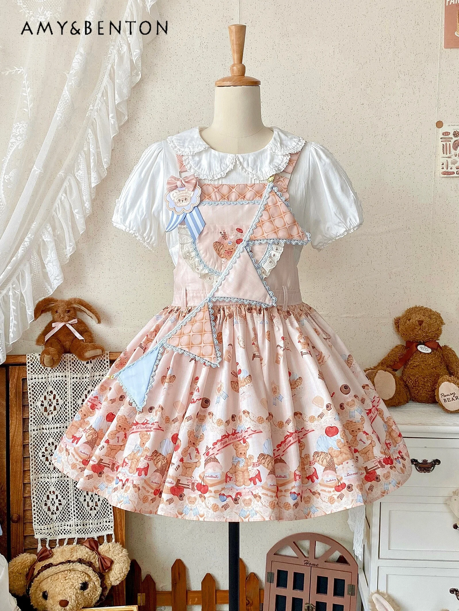 Cute Cartoon Print Lolita Dresses Summer New Sweet Lace Slim Patchwork Sleeveless Ball Gown Dress Retro Kawaii JSK Mini Dress