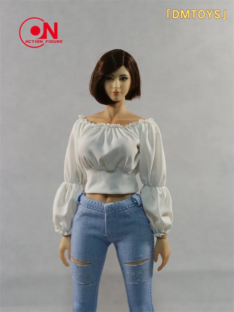 DMTOYS DF080 1/6 Schaal Een woord Kraag Ijs Zijde Bubble Mouw Top Kleding Model Fit 12 "Vrouwelijke soldaat Action Figure Body Poppen