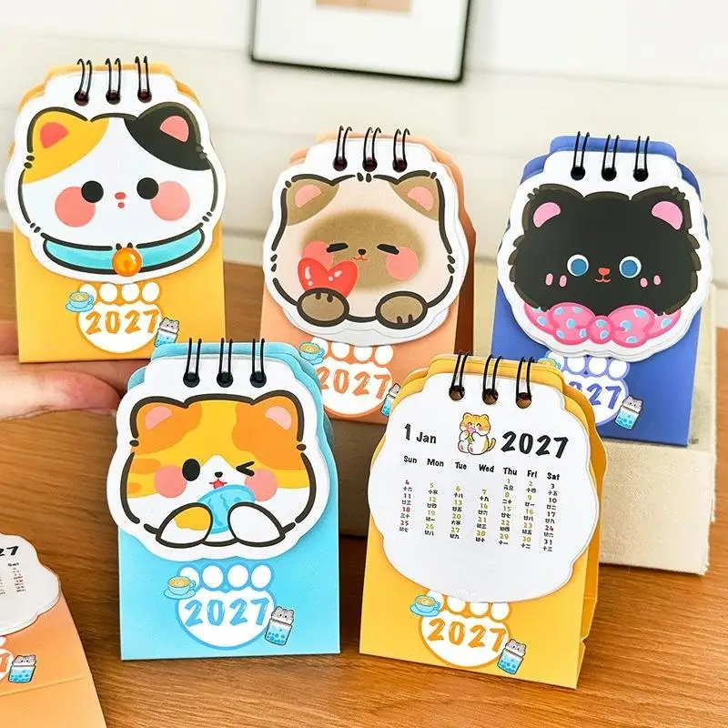 1Pcs Office School Supplies Gift 2026 Cartoon Cat Desk Calendar Student Surface Ornament Mini Small Kawaii Lovely Decoration