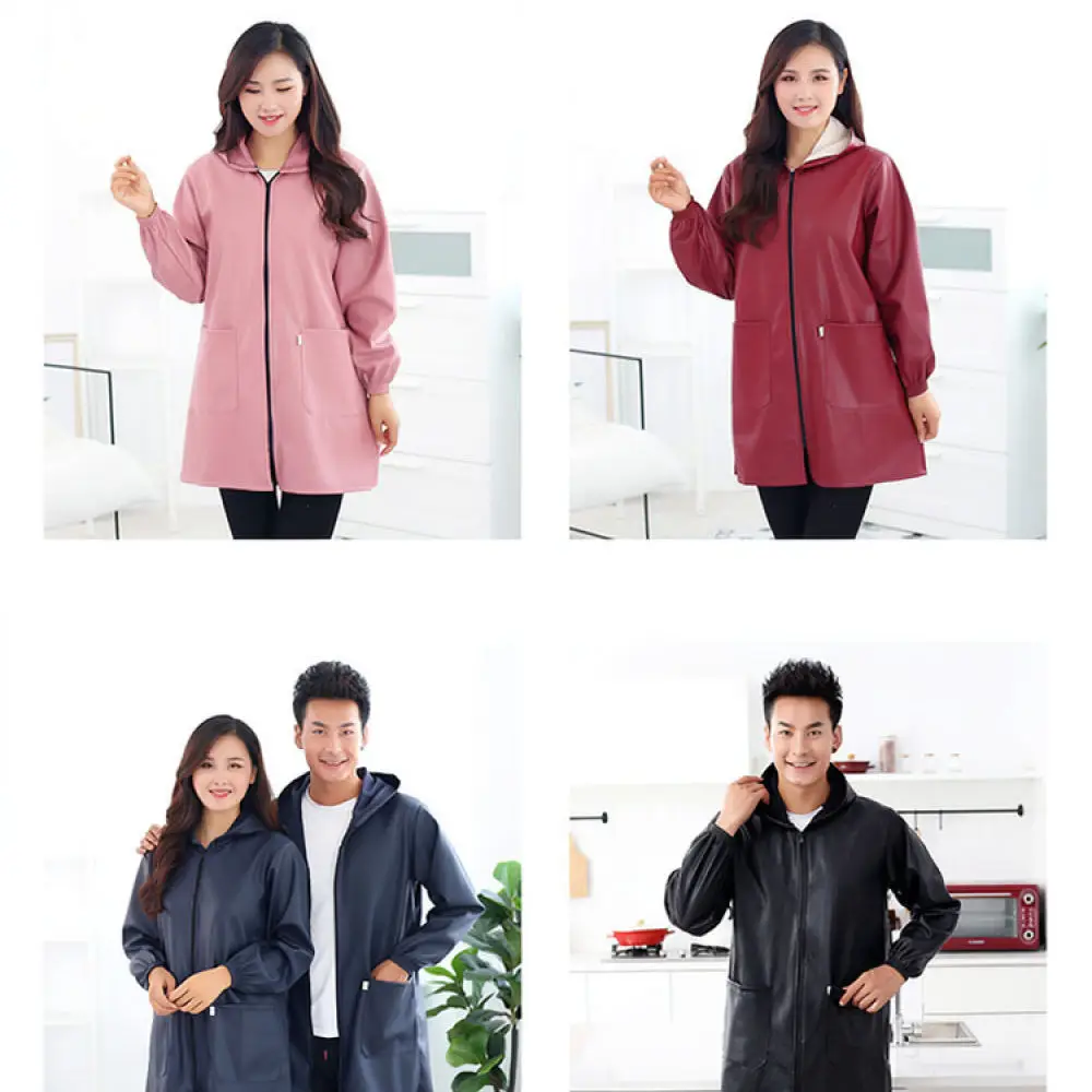 Professional Kitchen Apron Waterproof PU Leather Long Sleeve Smock Oil Resistant Cleaning Uniform Unisex Soft Durable Bib