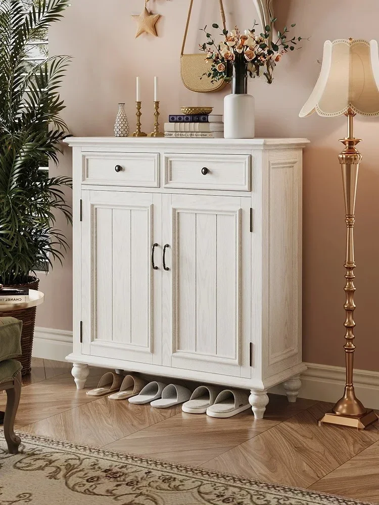 A   American Ash Wood Indoor Entrance Shoe Cabinet White Large Capacity Home Retro Locker