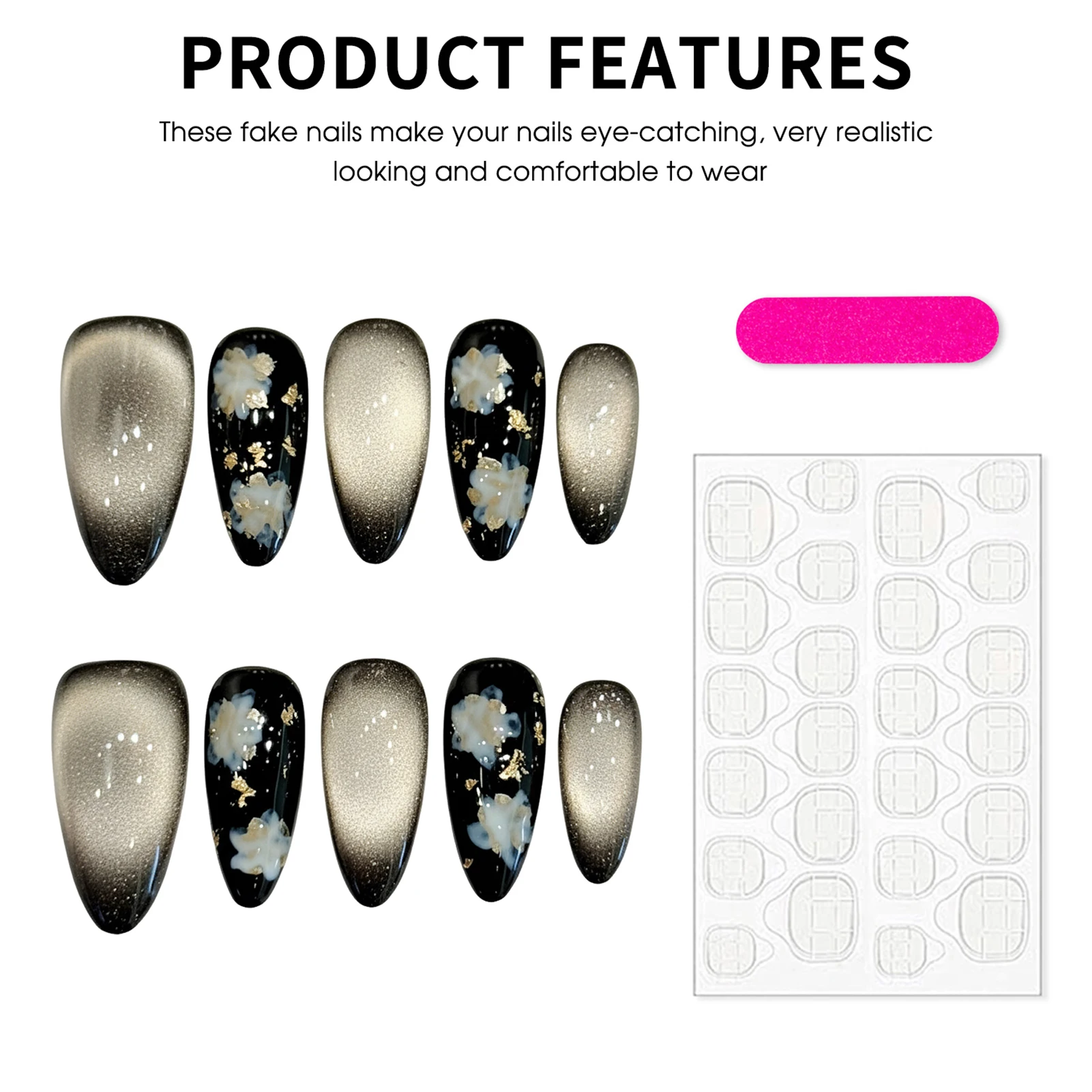 Black-Gold Cat-Eye False Nails 10pcs Handmade European Elegant Almond Press on Nails Full Cover Detachable Fake Nail Patches - view 4