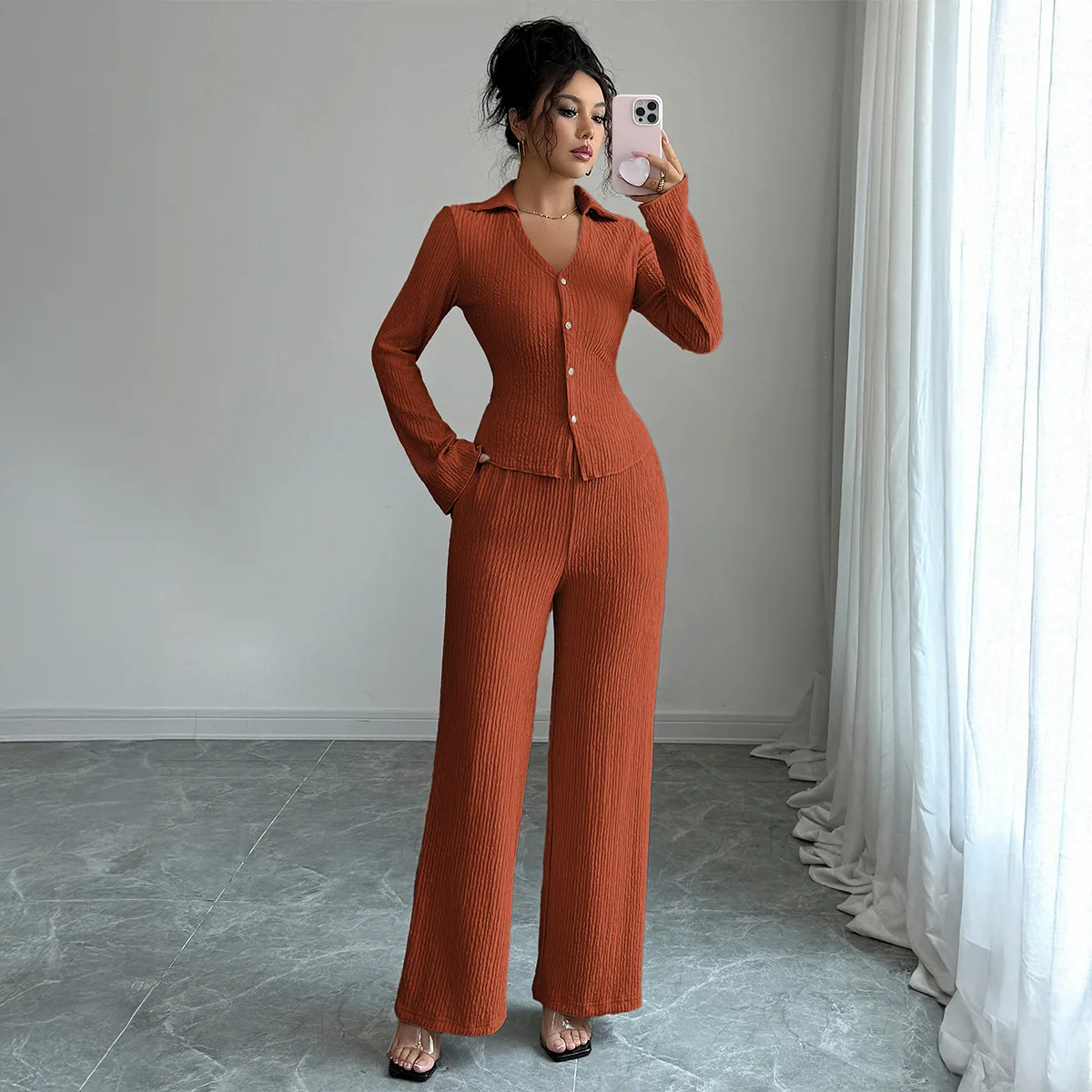 Elegant Button-up Shirt And Wide-leg Pants Set For Women, Fall/winter 2026 Wedding Dress Femme Outfits Boho