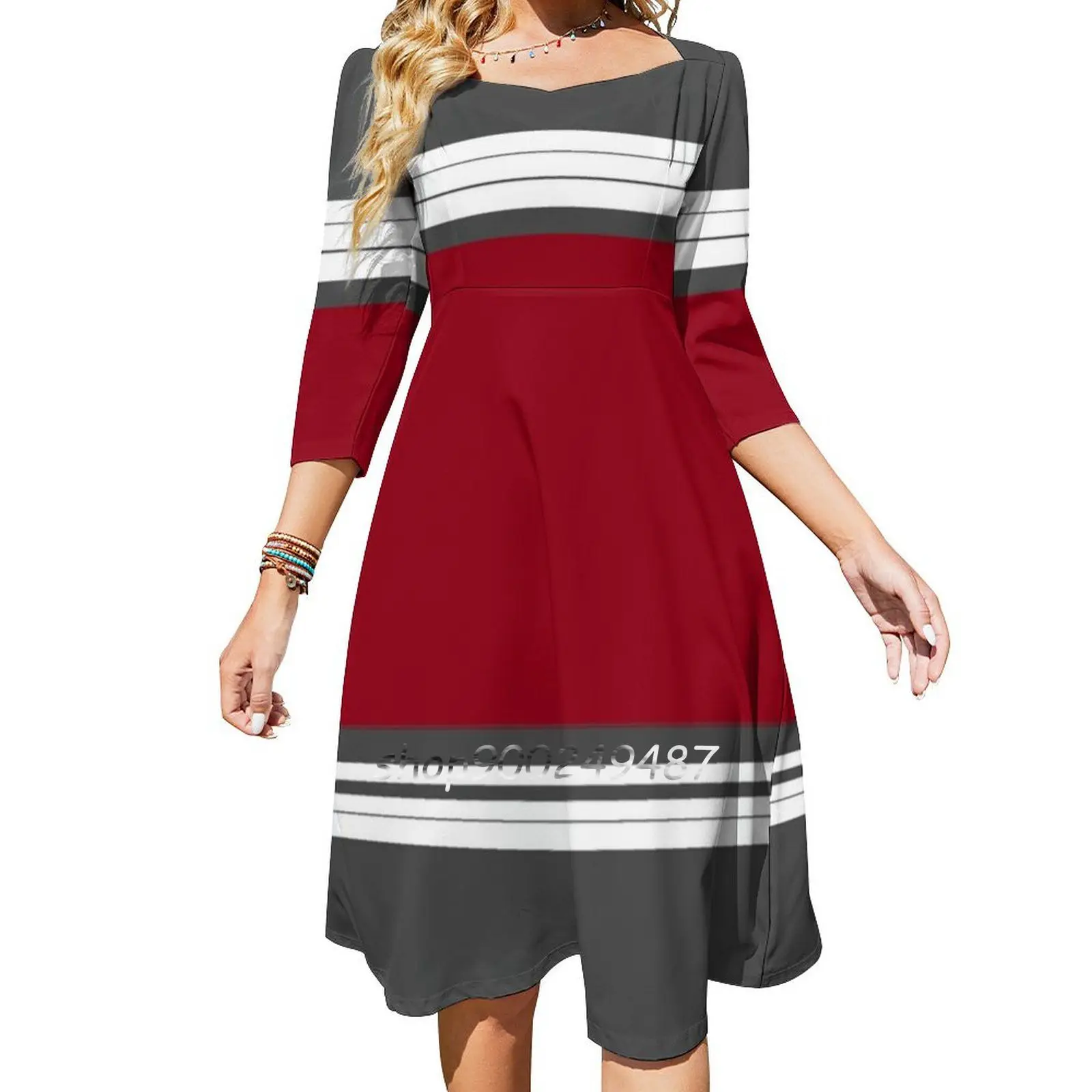 Gray And Red Stripes Square Neck Dress Sweet Summer Dress Women Elegant Halter Print Dress Gray Red Dark Light Bright Stripes