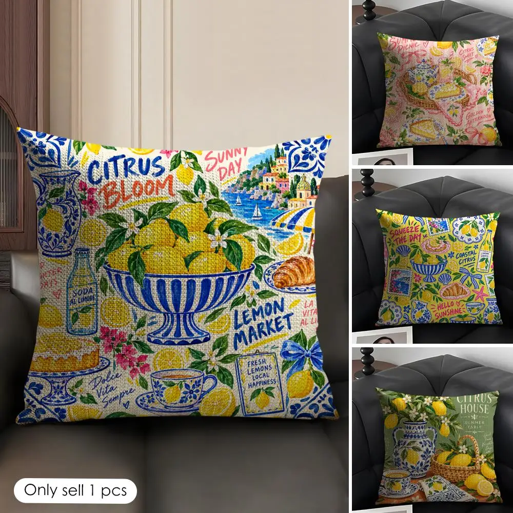 Lemon Tea Cake Fruit Print Summer Cushion Cover Skin-Friendly Organic Linen Pillow Cover Durable Hypoallergenic Washable Soft