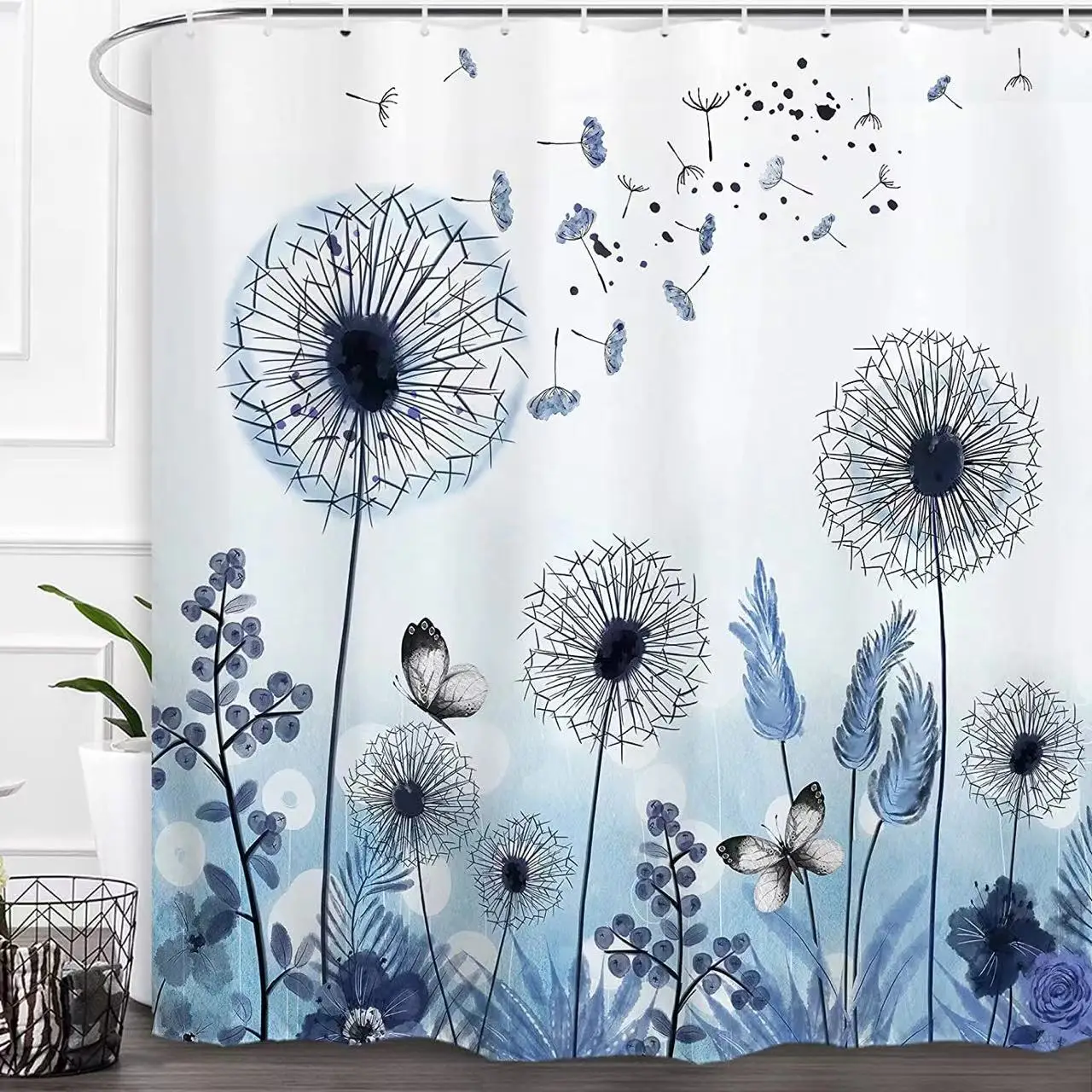 Blue Floral Shower Curtains Watercolor Dandelion Wildflowers Plant Farmhouse Waterproof Fabric Bathroom Bath Decor Set Washable