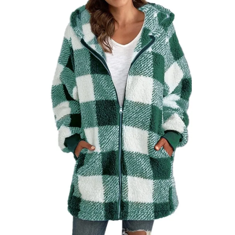 Hooded Plaid Coat Mid Length Elegant Commuter with Cardigan Style Regular Fit Button Front Winter Long Sleeve Women Jacket