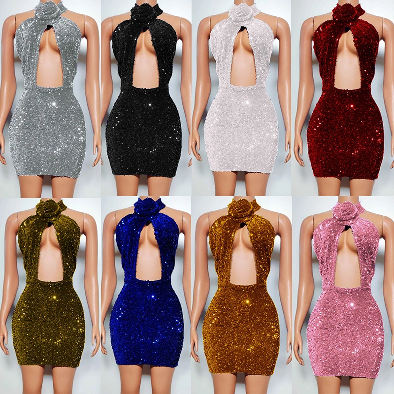 

Shiny Sequins Dresses Multi-Colors Sexy Hollow Out Drag Queen Costume Women Birthday Party Clothing Singer Stage Outfit