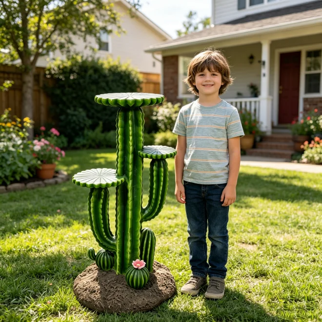 32'' Resin Saguaro Cactus Plant Stand, 3-Tier Outdoor Garden Decor, Weatherproof Multi-Tier Flower Pot Holder & Succulent Display Rack for Patio Yard