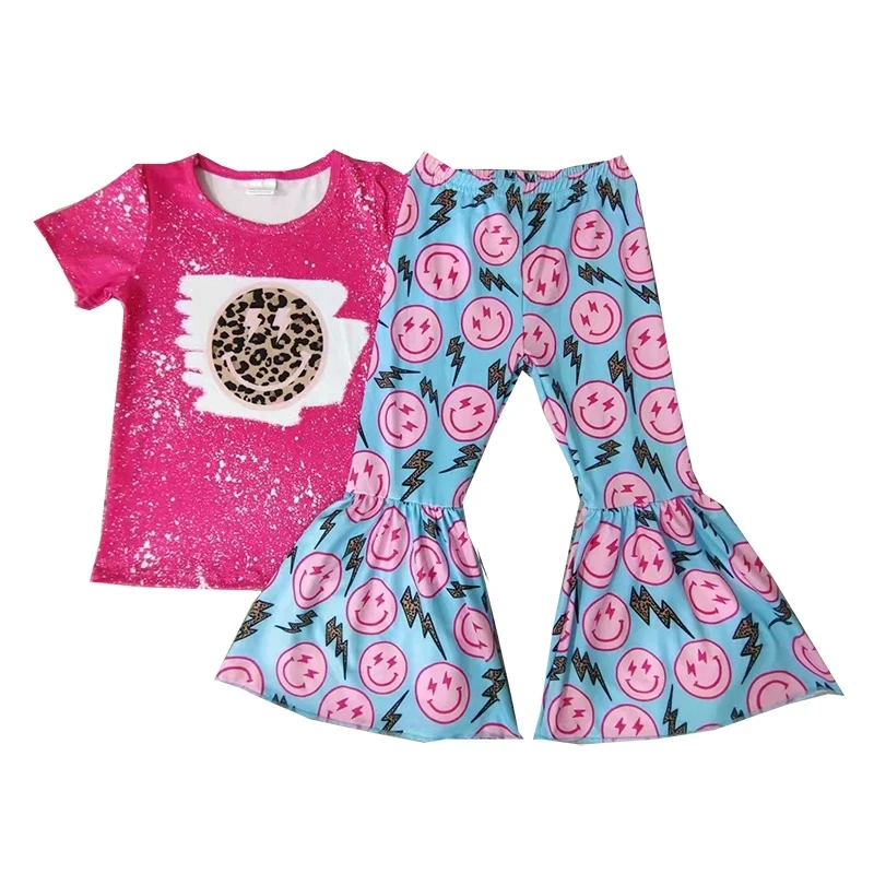 

Fashion New Kids Western Clothing Smiley Face Outfits Turquoise Leopard Bell Bottom Pants Girls Set