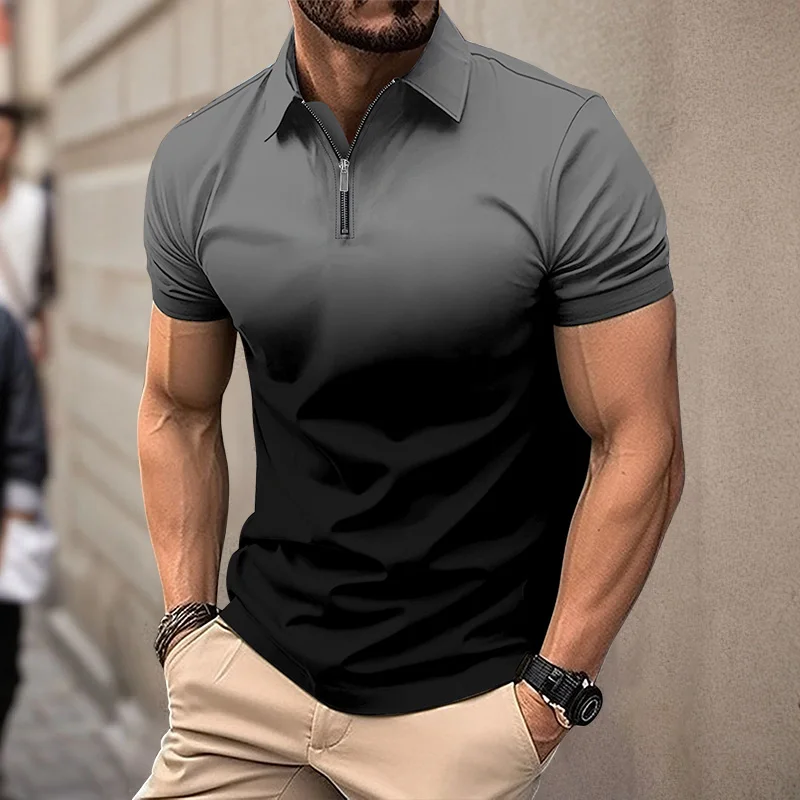Polo de manga corta de verano para hombre, polo con estampado digital a rayas 3D, camisa informal de negocios con solapa y cremallera, top con