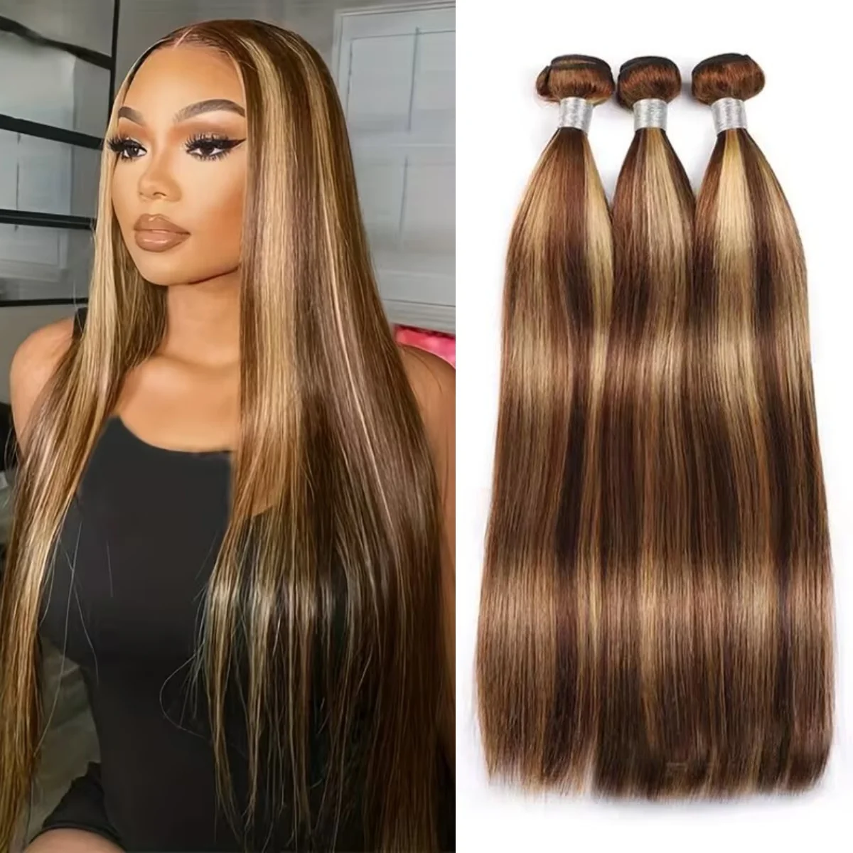 

Набор прямых прядей из натуральных бразильских волос P4/27 с мелированием медового оттенка, 1/3/4 шт., 95 грамм