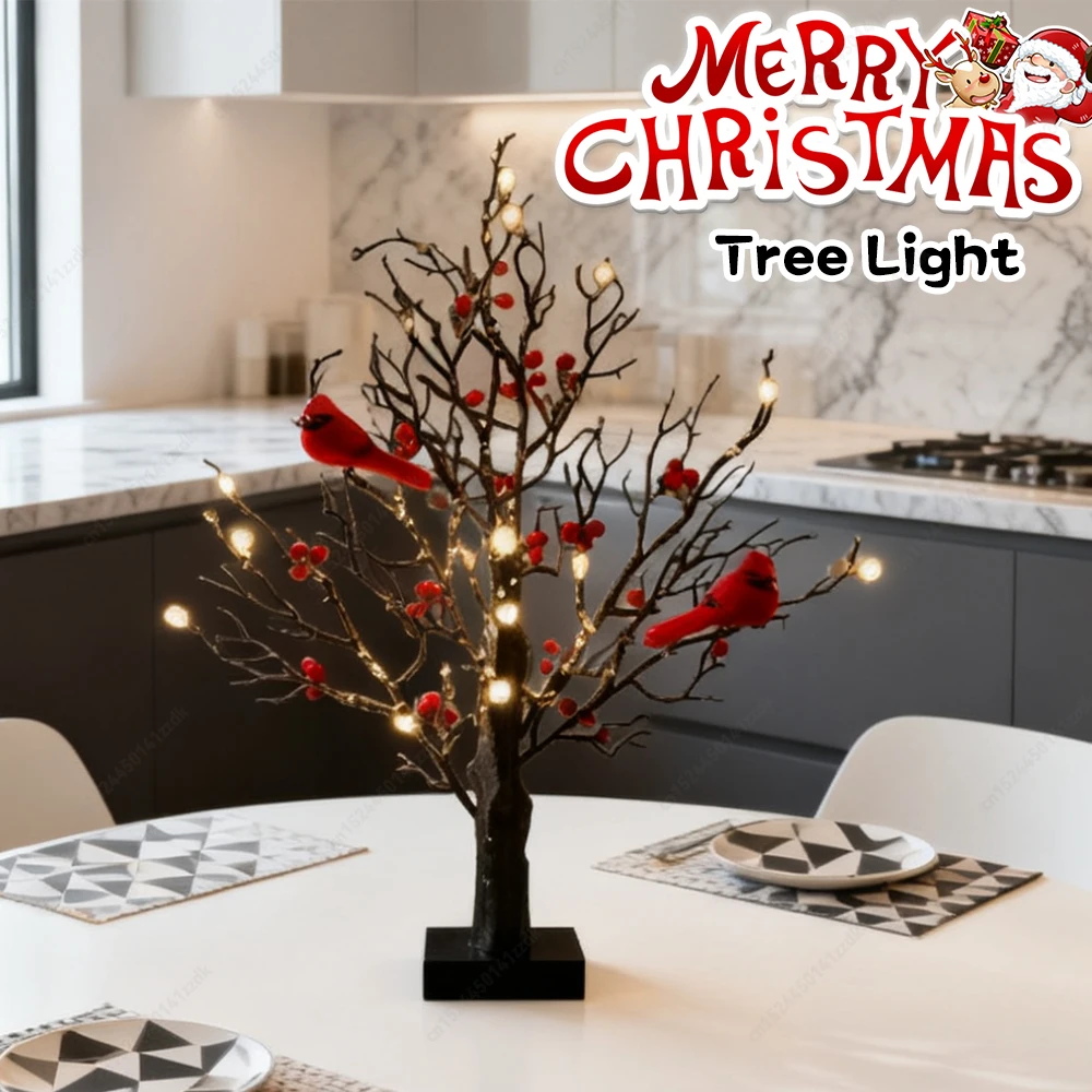 شجرة عيد الميلاد المتوهجة العتيقة مع الكرادلة - مثالية للعطلات، شجرة متوهجة تعمل بالأشجار المتميزة، ديكور مضاء