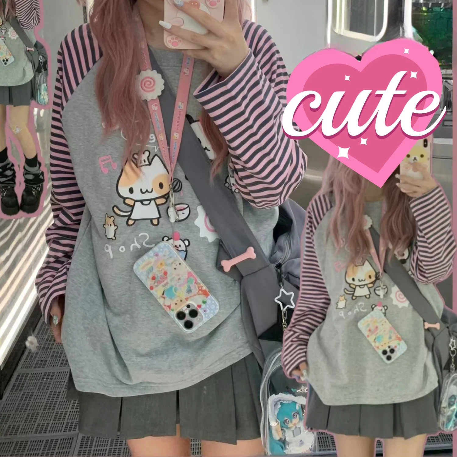 Japan Kawaii Sweet Women T-Shirt O-Neck Stripe Patchwork Long Sleeve Cartoon Print Loose Pullover Casual Cute Top Youth Vitality