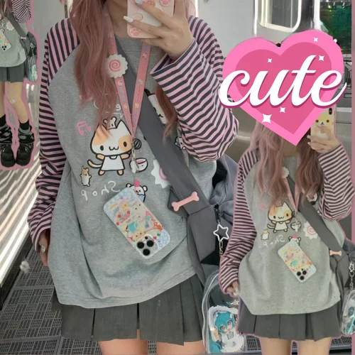 Imagen 2 del producto Camiseta japonesa Kawaii dulce para mujer, cuello redondo, retazos a rayas, manga larga, estampado de dibujos animados, Jersey holgado, Top informal bonito, vitalidad juvenil