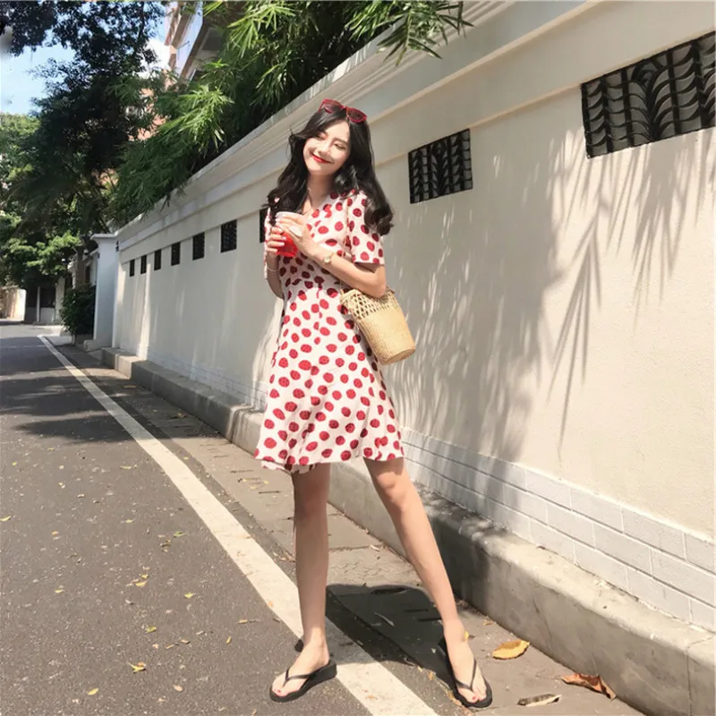 

Summer Strawberry Dress Korean Fashion Kawaii Woman High Waist Dress 2023 New Loose Slim Push Up Hip Costume Casual Streetwear