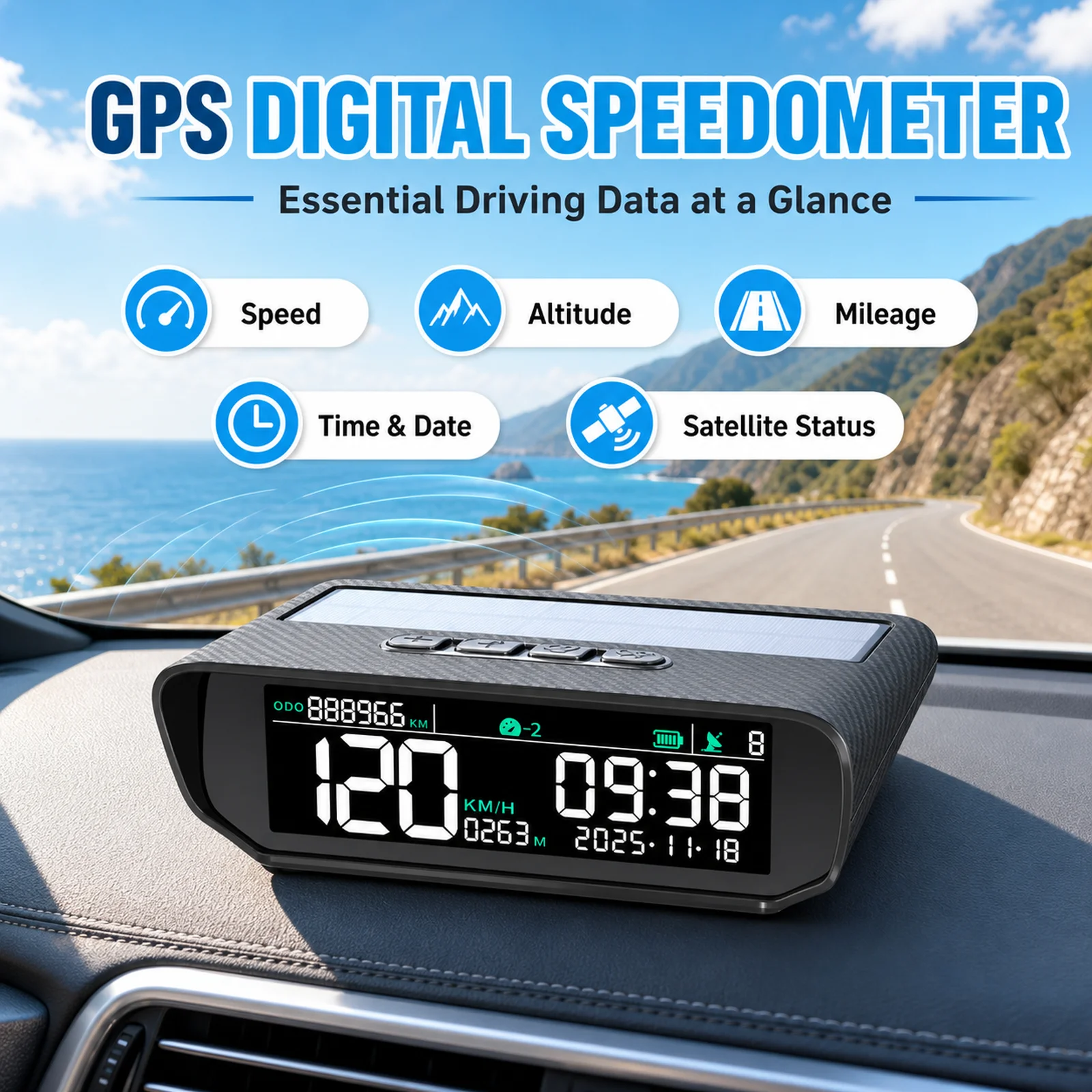 Solar GPS Digital Speedometer for Car, USB Rechargeable Dashboard Display, No OBD Needed, Shows Speed, Altitude, Time & Mileage