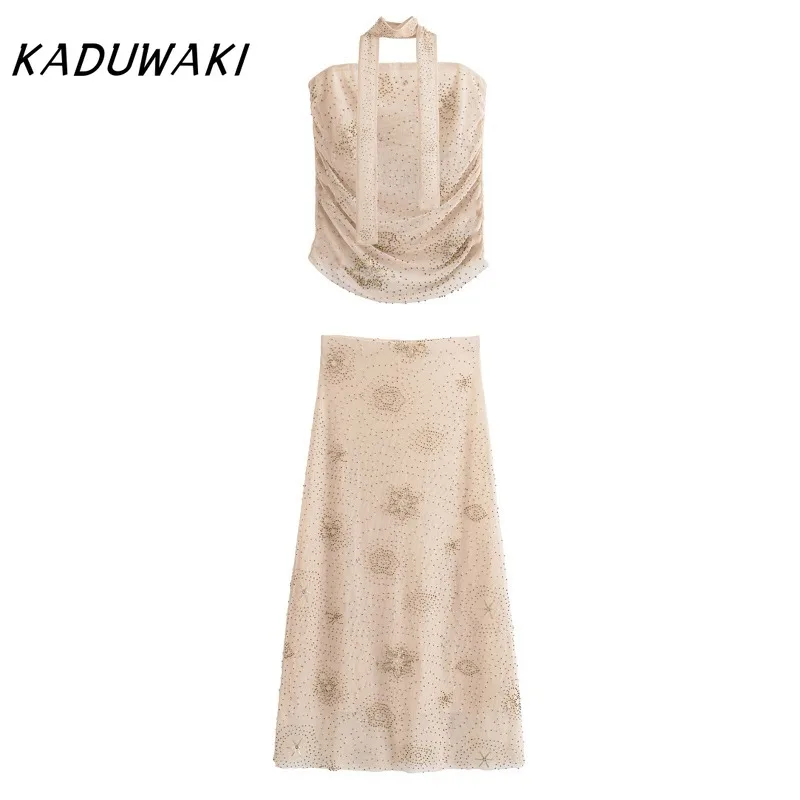 

KADUWAKI Sexy Women's European/American Hot Girl Mesh Top Sexy Slim-fit Beaded Tube Top Vest High-waisted Skirt 2 Piece Set Y2k