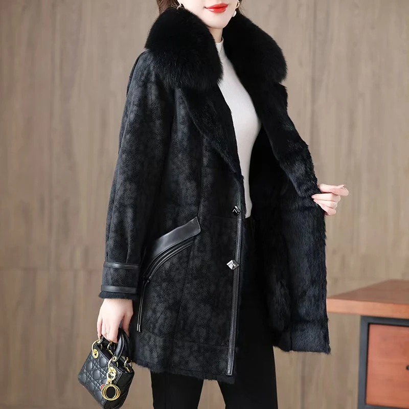 

Women's Jacket Fur Coat New In Winter Long Natural Rabbit Fur Lining With Natural Real Fox Fur Collar Sheepskin Coat For Women