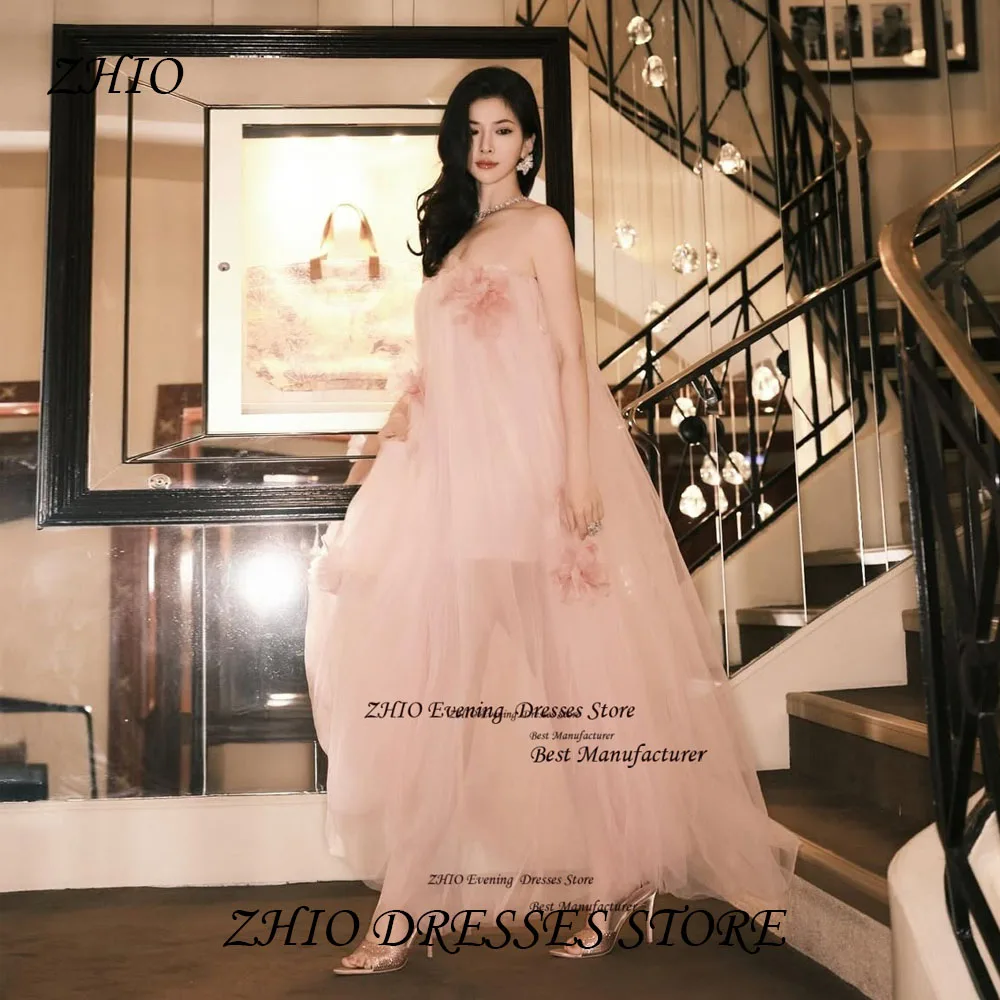 

ZHIO Elegant Pink Tulle Illusion Evening Gown Flower Appliques Pleats Long Party Dress Strapless Sleeveless Prom Gown Customized