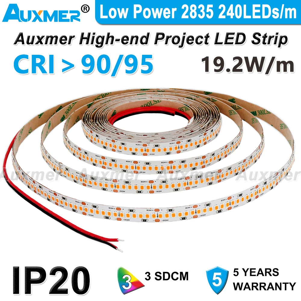 

Low Power 2835 LED Strip Lights 240LEDs 19.2W/m,CRI90/95+ IP20 DC24V High Density Flexible Tape Ribbon Dimmable LED for Room