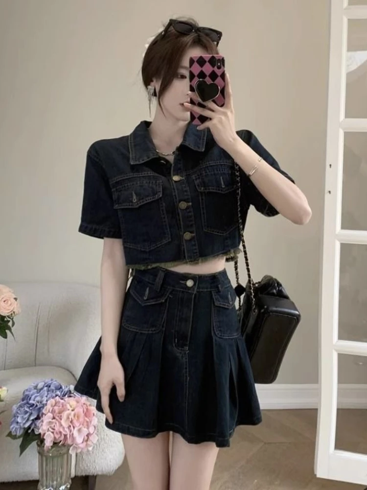 

Women’s Small Size Denim Skirt Suit Korean Inspired High Waist Sweet Chic Look Summer Casual Wear​
