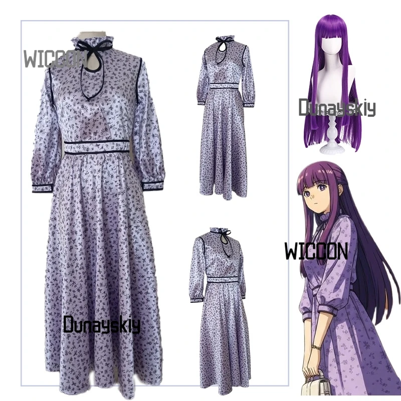 ‌ Frieren: Más allá del final del viaje ‌ ‌ Helecho ‌ Nuevo Vestido Floral Morado de Stark New Date para Mujer, Disfraz de Cosplay para Niñas, Peluca Kawaii, Carnaval Diario