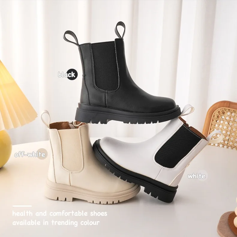 Kids Spring Winter Chelsea Shoes Thick Bottom Waterproof White Cotton Boots British Style Girls Toddler Short Boots Pipe Boots