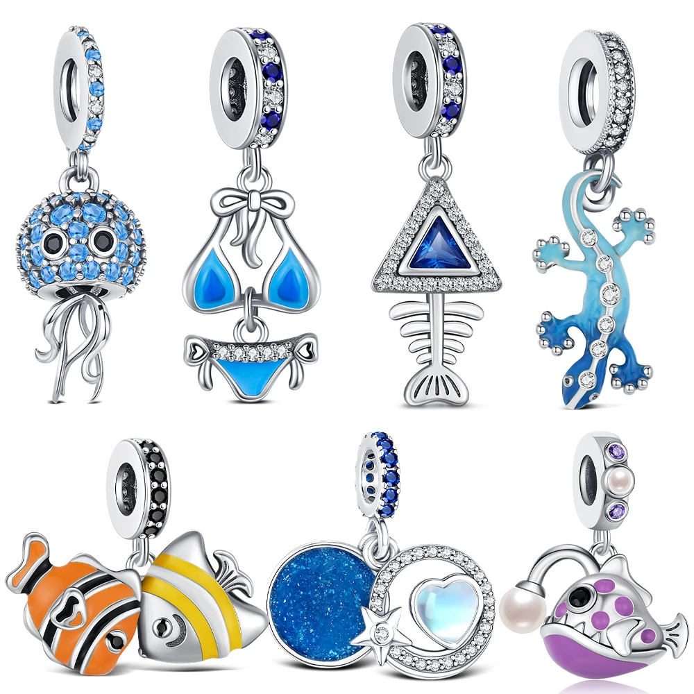 New 925 Sterling Silver Summer Beach Ocean Pendants Jellyfish Bikini Charms Jewelry Making For Classic Bracelet Ladies DIY Gifts