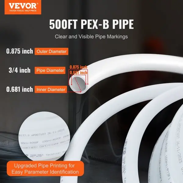 VEVOR PEX Pipe 3/4 Inch, 500 Feet Length PEX-B Flexible Pipe Tubing for Potable Water, Pex Water Lines for Hot/Cold Water &