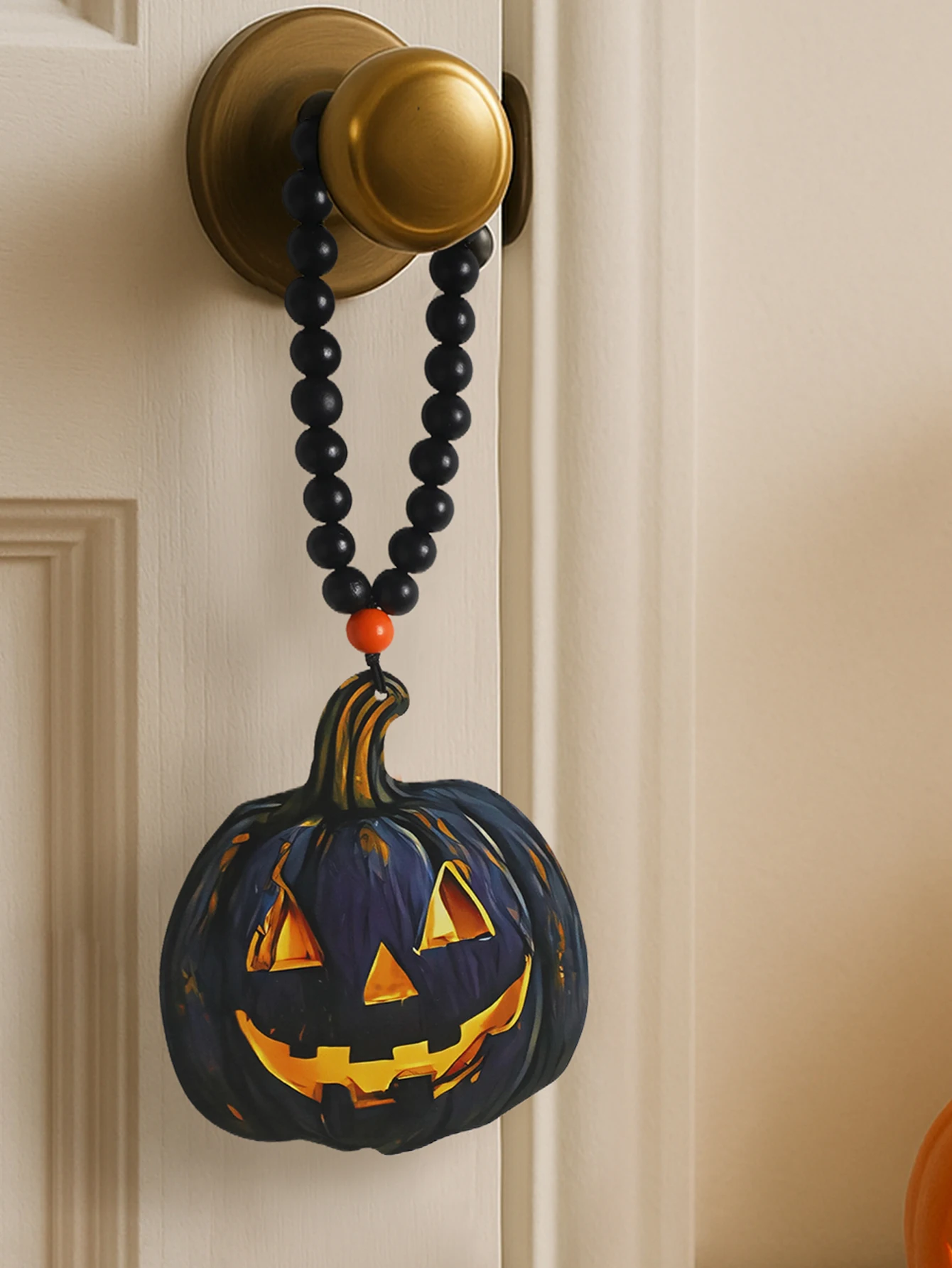 Wooden Halloween Pumpkin Door Knob Hanging Decor Gothic Pumpkin Ghost with Black Bead Chain Pendant Spooky Home Party Decoration