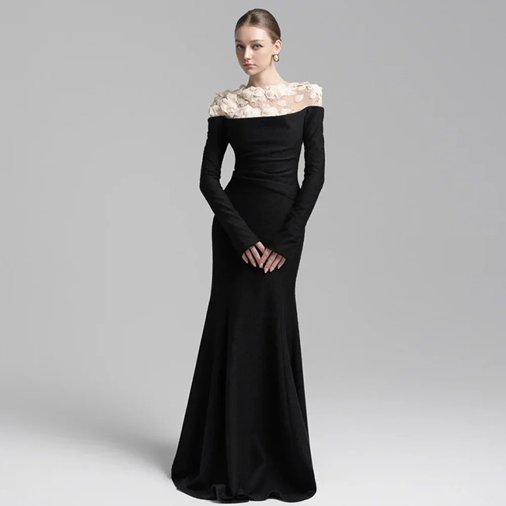 

Mermaid Crew Neck Long Sleeves Elegant Evening Dress Customized Delicate Celebrity Gowns Floor Length Sequined Party Dress