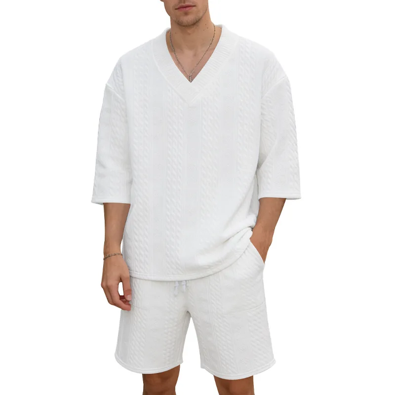 

Men's Heavyweight Casual Trendy V-Neck Dropped Shoulder Loose Plus Size Sports Short Sleeve Shorts Set for Summer
