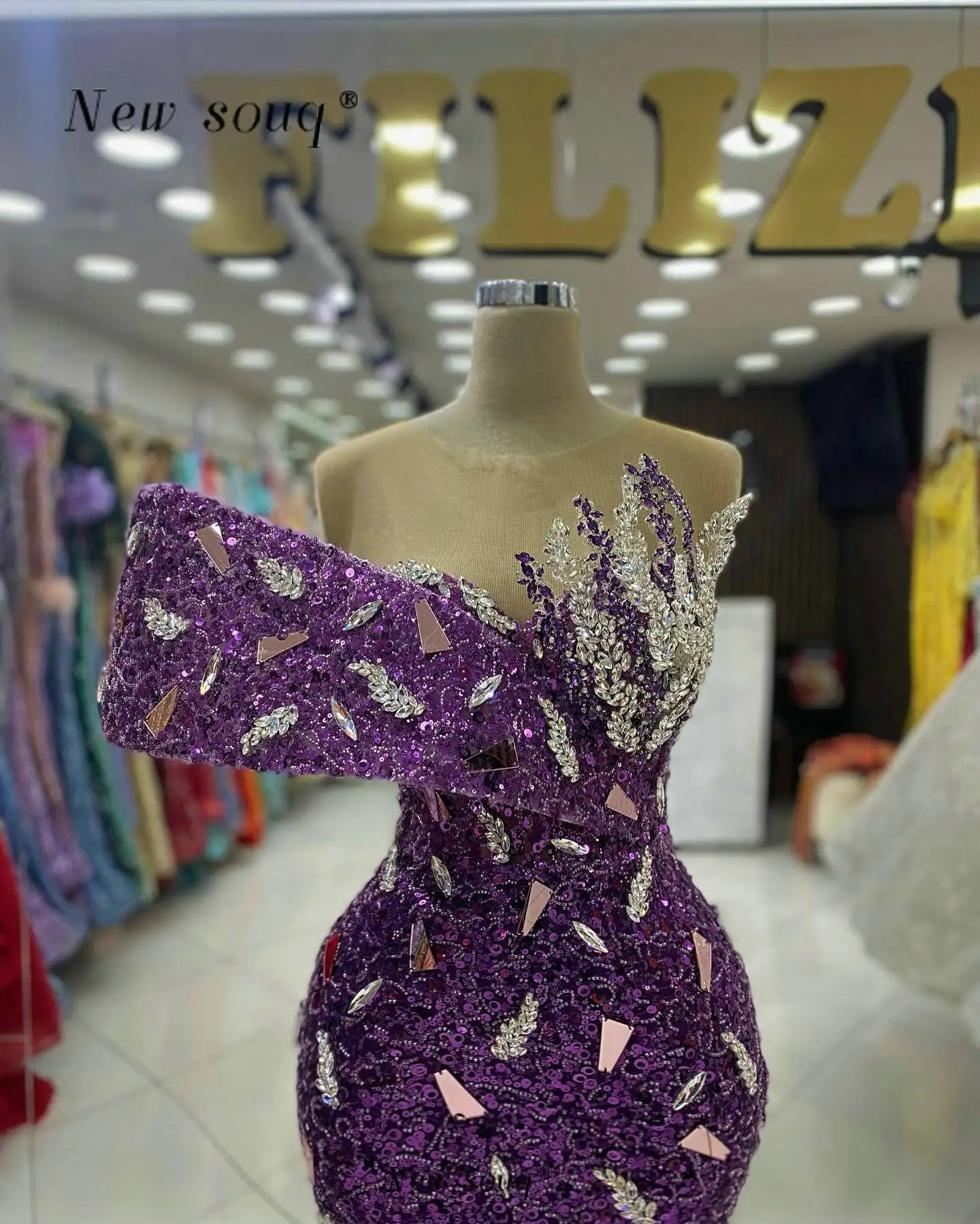 Purple Gillter Sequins Long Mermaid Evening Dresses with Silver Mirror Crystals Formal Occasions Gowns Wedding Guest Party Wear