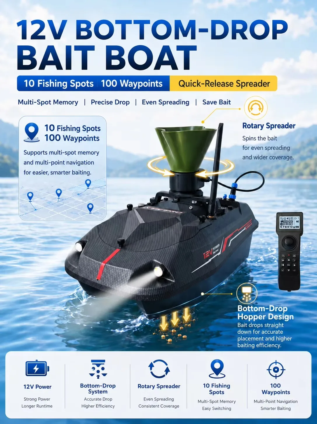 100 GPS Points 10 Fishing Grounds 3KG Load Capacity Fish Finder Remote Control Fishing Bait Boat 12VHigh Power 500M RC Nest Boat