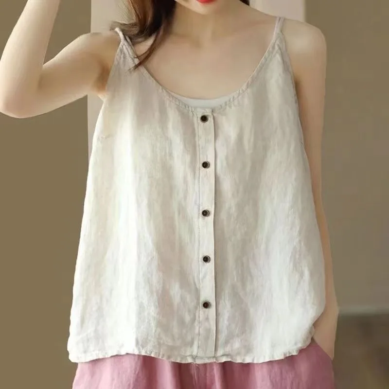 

Minimalist Cotton Linen Button Strap Vest Women Summer Holiday Loose Fashionable Sleeveless Top Breathable round Neck Cardigan