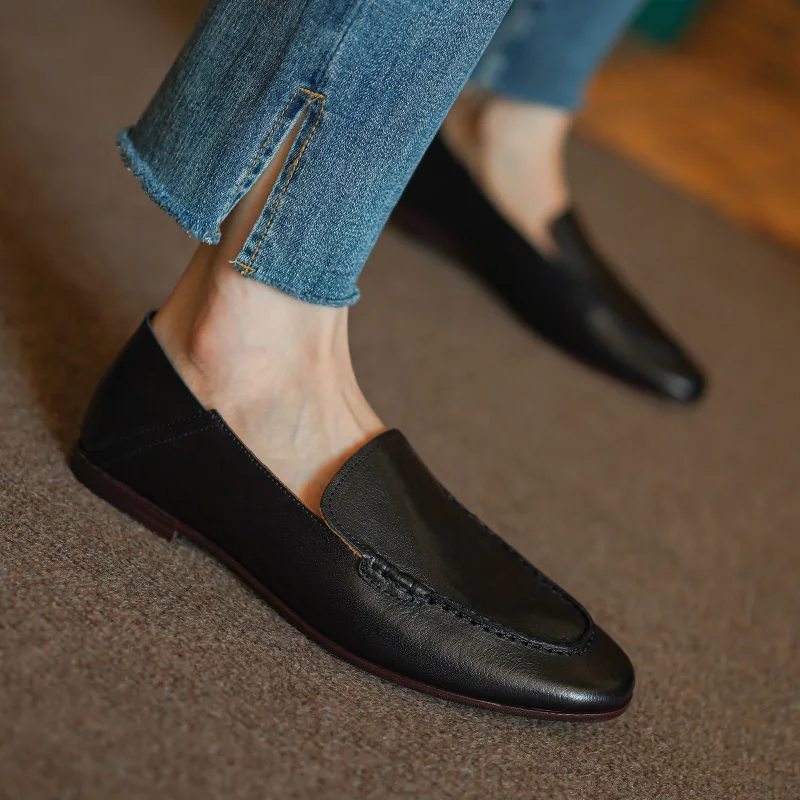 Women Flats Horsehide Flat Shoes Vintage Casual Loafers Spring  Autumn Slip On Women Simple Shoes Round Toe Daily Quality Flats