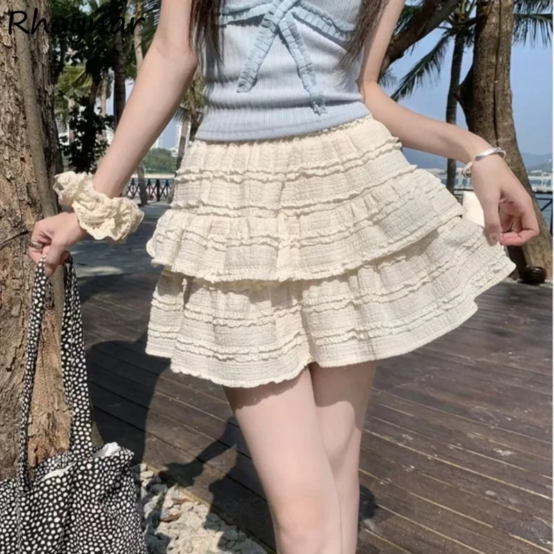 

High Waist Mini Cake Skirts Women Summer Sweet Students Solid Simple Leisure All-match Fungus Slimming Korean Style Streetwear