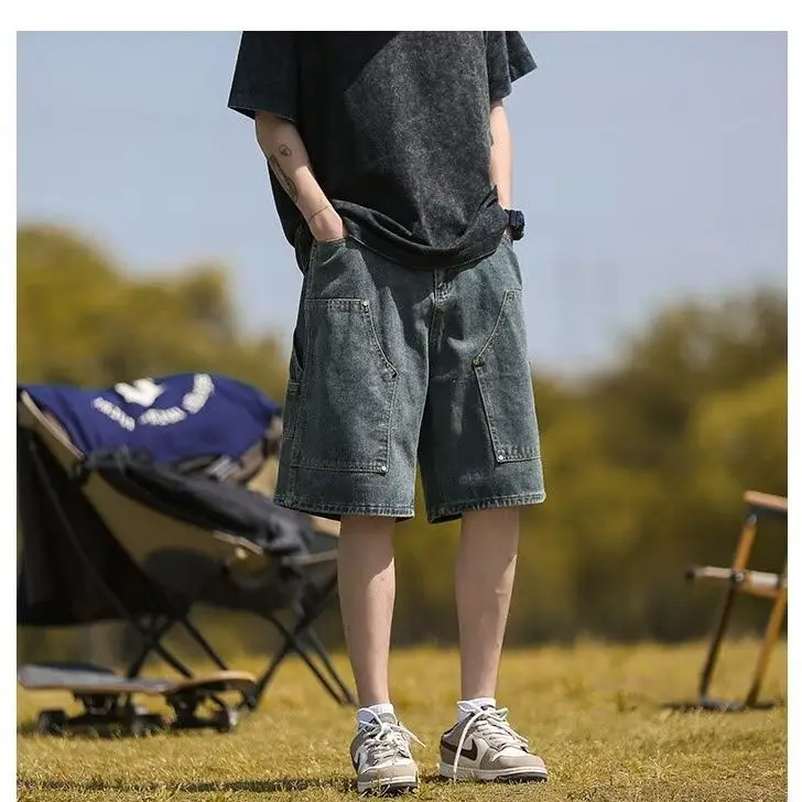 Fashion 2026 Retro Denim Summer Thin Trendy Casual Blue Short Rivet Multi-pocket Washed Baggy Medium Pants Washed Shorts Men